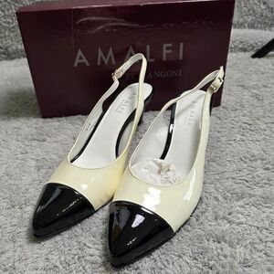 NEW Amalfi by Rangoni White & Black Patent Leather Cap Toe Slingback Heels 8.5M‎